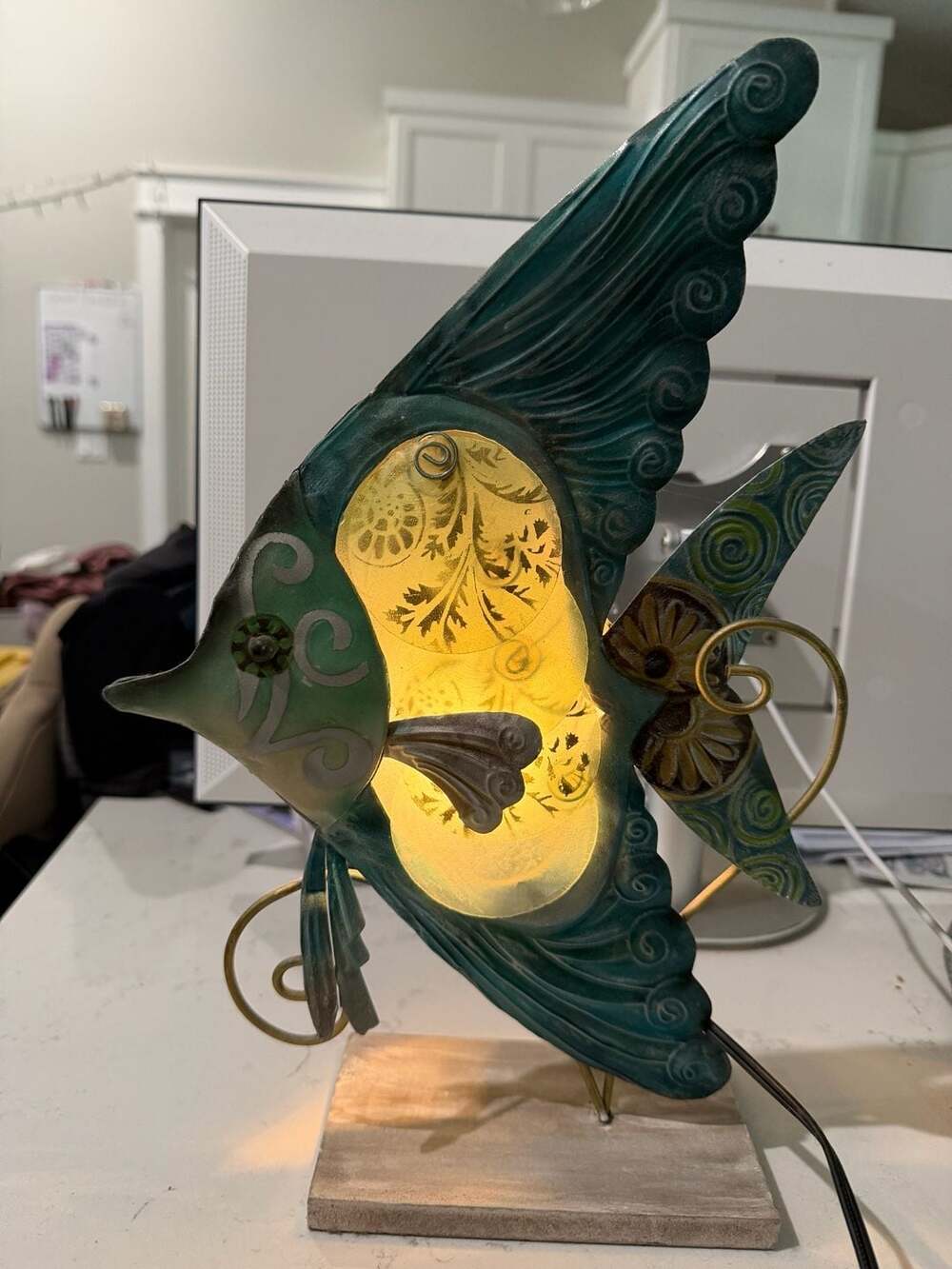 Metal and Capiz Angelfish Table Lamp Coastal Accent Light